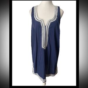 Mud Pie Sleeveless Sheath Dress Large 12 Blue White Embroidered Neck 100% Cotton